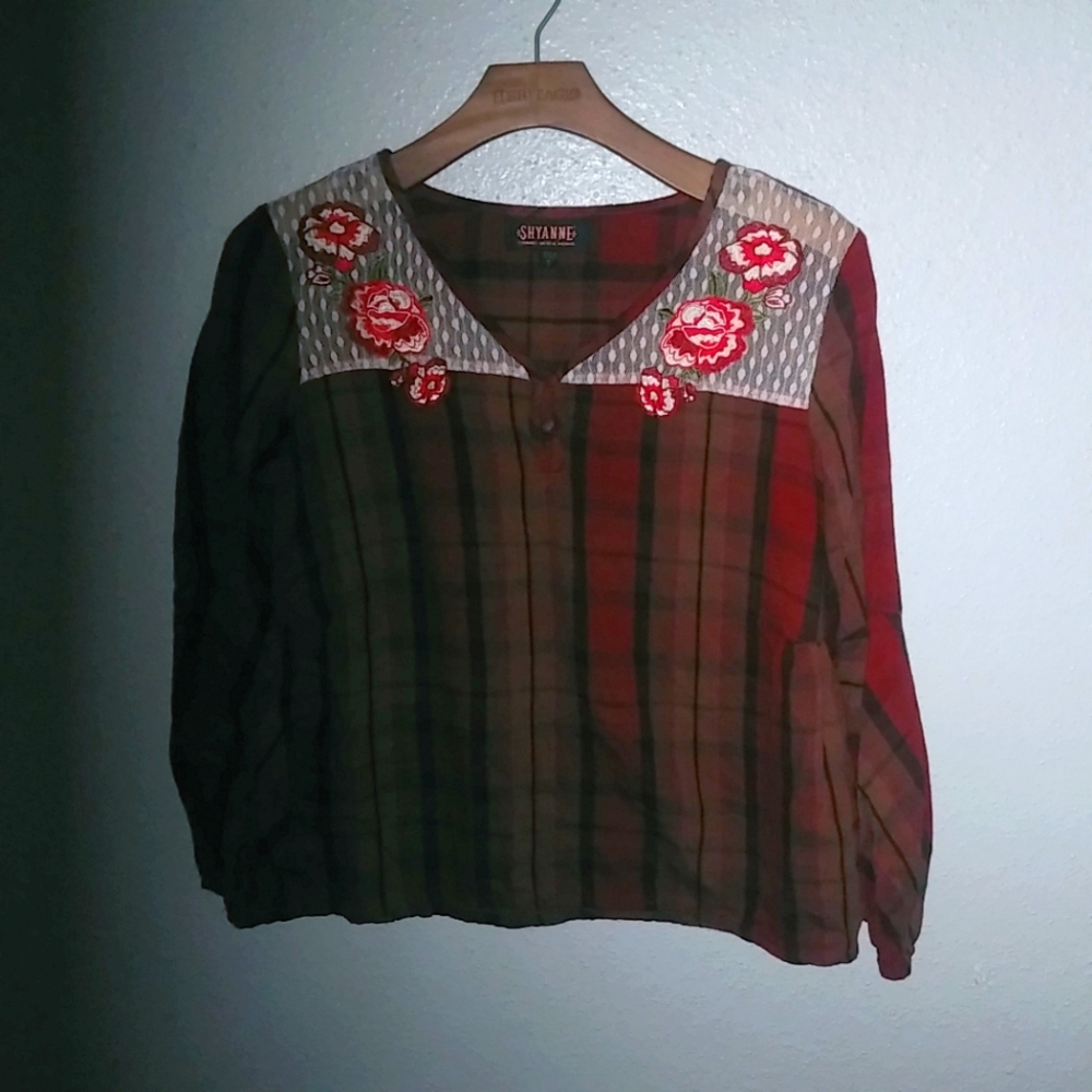 ShyAnne S Cowgirl Long Sleeved Red Plaid Embroidered Top